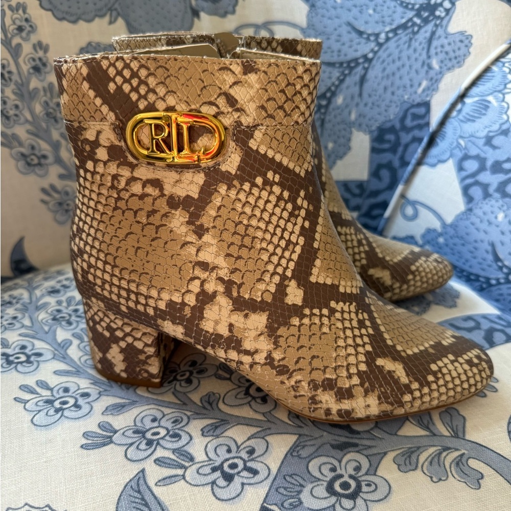 NIB Ralph Lauren Wynne II Python Embossed Leather Block Heel Booties Boots